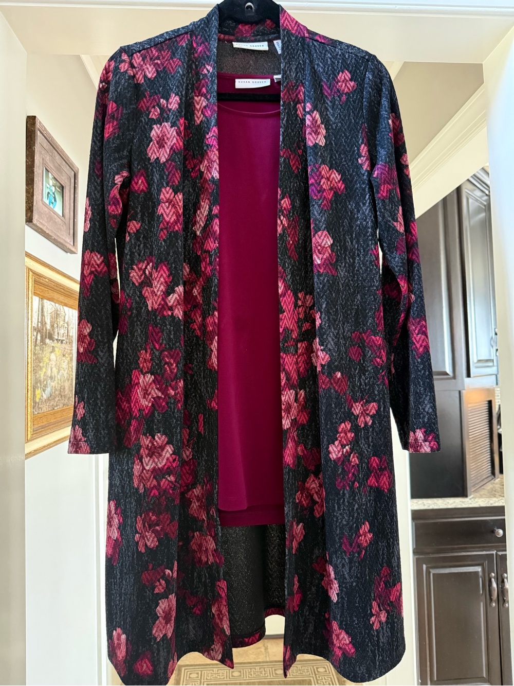 Susan Graver Black Cardigan with Pink Floral Pattern with cranberry tank.